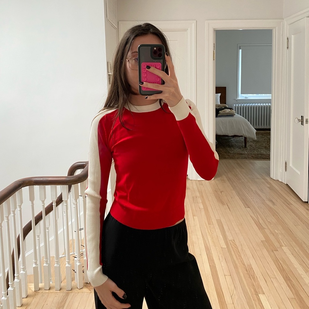 Red and White Stripe Knit Après Ski Sweater Top